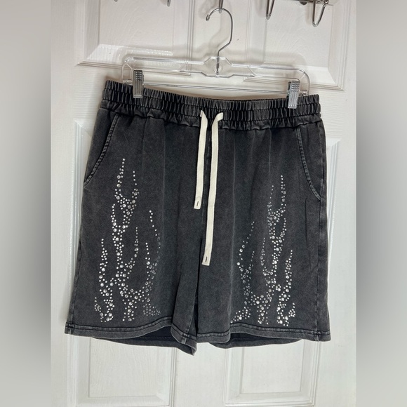 rowme Other - Rowme Men’s Pull On Grunge Goth Band Flame Rhinestone Lightweight Shorts X-Large